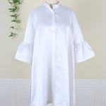 Urban Buttoned Solid Color Stand Collar Flared Sleeve Loose Midi Dress