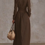 High Waisted Long Sleeves Buttoned Pleated Pockets Solid Color Split-Joint Lapel Maxi Dresses