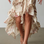 Elegant Floral Ruffled High-Low Hem Satin Slip Dress