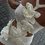 Mermaid Song Crochet Knit Three Dimensional Halterneck Cutout Stretch Mini Dress