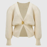 Only Yours Knit Metal Leaf Shape Button Lantern Sleeve Relaxed Cardigan