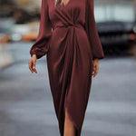 Loose Puff Sleeves Pleated Solid Color Split-Joint V-neck Midi Dresses