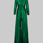 High Waisted Three-Quarter Sleeves Shiny Solid Color Deep V-Neck Jumpsuits Bottoms