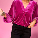 Women's Gold Velvet Long Sleeve Top V Neck Shirt
