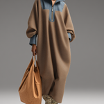 Women's Brown Double-Sided Brushing and Blue Denim Stand Collar Loose-Fitting Long Dress