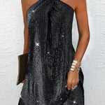 A-Line Loose Hollow Sequined Solid Color Halter-Neck Mini Dresses