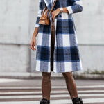 Women's Mid Length Double Breasted Plaid Print Woolen Coat