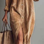 Loose Corduroy Double Chest Pocket Single Breasted Midi Dress