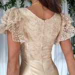 Dreamy Luxury Lace and Satin Patchwork Ruffle Sleeve Ruched Midi Dress