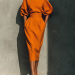 Women's Orange Mid-sleeve Top And Midi Skirt Set