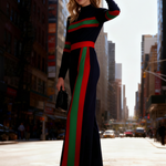 Elasticated Waist Long Sleeves Contrast Color Pockets Striped Half Turtleneck Jumpsuits