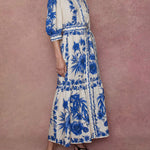 Loose Puff Sleeves Floral Printed Pleated Split-Joint Tied Waist Lapel Maxi Dresses Shirt Dress