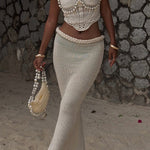 Kala Crochet Knit Braid Waist Slit Stretch Maxi Skirt