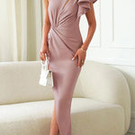 Saona One Shoulder Tiered Ruffle Sleeve Twist Asymmetrical Slit Gown Maxi Dress