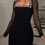 Emmey Jewel Embellished Trim Square-Neck Mesh Long Sleeve Mini Dress
