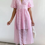 Remarkable Beauty Square Patterned Fabric Puff Sleeve Party Midi Dress