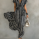 Women's Chiffon Striped Printed Lapel Short-sleeved Belted Maxi Dress