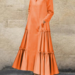 A-Line Long Sleeves Buttoned Layered Pleated Pockets Ruffled Solid Color Split-Joint Stand Collar Maxi Dresses