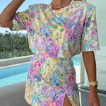 Favor Romance Floral Print Shoulder Pad T-shirt and Mini Skort Set