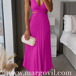 7 Colors Chicest V Neck Cut Out Waist Sleeveless Pleated Maxi Dress