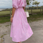 Striped Bud Sleeve V-Neck Belted Waist Dress