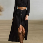 Women's Imitation Cotton And Linen Pleated Lapel Single-breasted Long-sleeved Maxi Dress