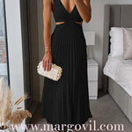 7 Colors Chicest V Neck Cut Out Waist Sleeveless Pleated Maxi Dress