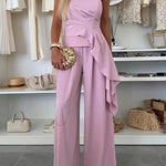 Elegant Solid Color Asymmetric Ruffles Bandeau Top and High Waist Wide Leg Pants Set