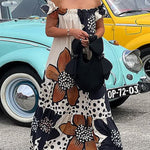 Loose Short Sleeves Flower Print Split-Joint Off-The-Shoulder Maxi Dresses