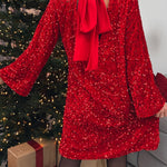 Velvet Sequin Back Bow Bell Sleeves Loose Mini Dress