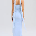 Neck Wrapped Strapless Corset Bodycon Maxi Skirt 2pcs Set-Blue