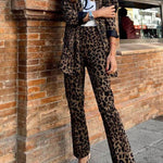 Wild Personality Leopard Pocket Relaxed Lapel Blazer and Elastic Waist Pants Set