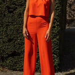 Modern and Elegant Solid Crop Tank and High Rise Flare Loose Pants Set
