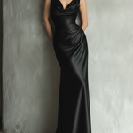 Women's Black Satin Fabric Cowl-Neck Maxi Dress With Ruched Bodice