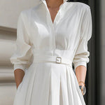 Long Sleeves Loose Belted Pockets Solid Color Stand Collar Maxi Dresses