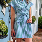Short Sleeves Button Down Tie Waist Striped Mini Dress