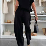 Leva Linen Blend Drawstring Short Sleeve Top and Elastic Waist Pocket Loose Tapered Pants