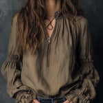Boho Ruffled Cuff Half-Zip Blouse