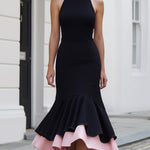 Two-Tone Halter Neck Mermaid Midi Dress With Layered Hem