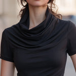Draped Cowl-Neck Fitted Short-Sleeve T-Shirt