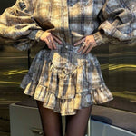 Retro puff sleeve shirt + ruffled high-waisted mini skirt set