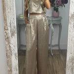 Rita Metallic Fabric Back Buttons Crop Tank and Elastic Waist Pocketed Wide Leg Pants Set