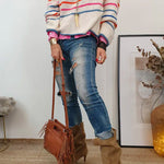 Drop Shoulder Color Block Stripes Knitting Sweater
