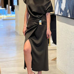 Raglan Sleeve Asymmetric Pleated Split-Front Split-Joint One-Shoulder Evening Dresses Maxi Dresses