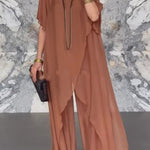 Solid Color Round Neck Irregular Loose Chiffon Top and Casual Wide-leg Pants Set