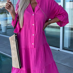 Rose Crinkled Tiered Split Neck Shirt Dress