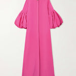 Loose Flower Shape Solid Color Stand Collar Lantern Sleeves Maxi Dresses