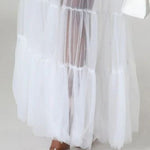Puff Sleeves Gauze Pleated See-Through Solid Color Split-Joint Tied Waist Lapel Maxi Dresses