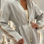 Edan Textured Knit Sequin Patchwork Drawstring Zipper Sweatshirt and Stretch Wide Leg Pants Set