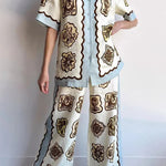Lakeside Breeze Linen Blend Unique Print Short Sleeve Button Oversized Blouse